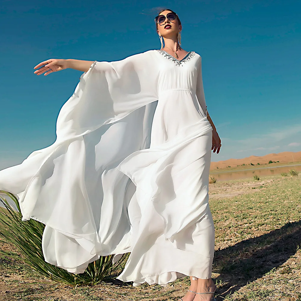 

Chiffon Diamond V-Neck Evening Dresses 2023 Wedding Party Maxi Long Robe National Clothing Abaya African