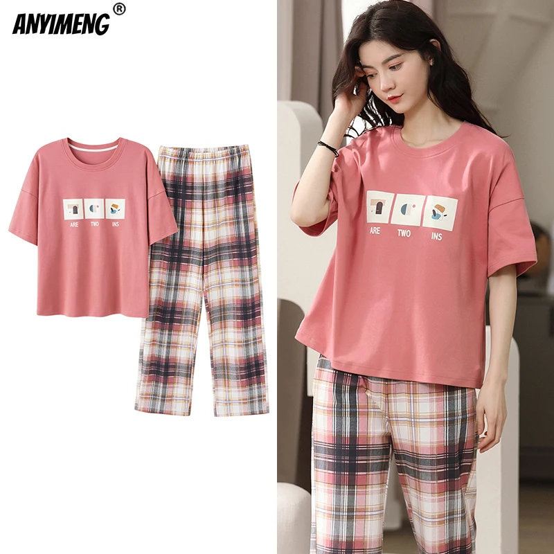 New Sleepwear Cartoon Cotton Pajamas for Women Long Pants Short Sleeved Summer Spring Loungewear  Fashion Home Clothing Homewear