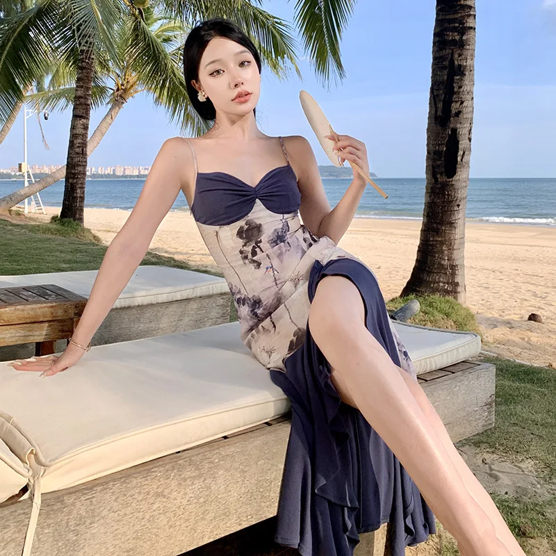 

Женское платье на бретельках с гофрированным рисунком, необычная большая юбка-годе