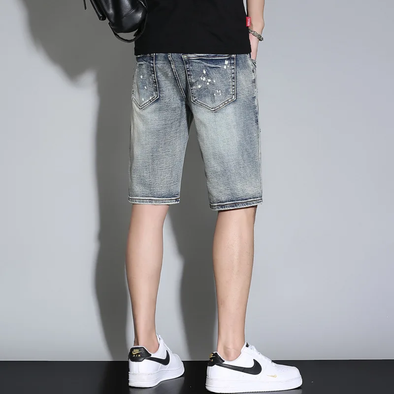 Summer Men Denim Shorts Trendy Micro Stamped Motorcycle Ripped Vintage Embroidered Straight Mid Waist Jeans Chapter Splash Ink 2
