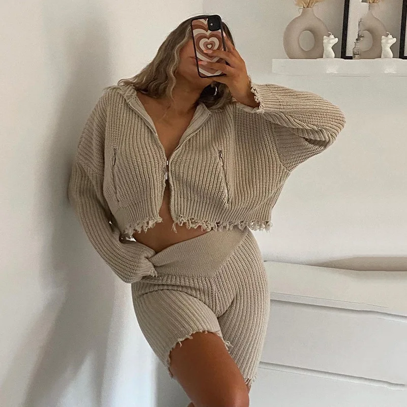 

Adogirl Solid Knit Ribbed Two Piece Sets Women Hoodie Sweatshirt And Shorts Autumn Casual Tracksuit Matching Sets Outfits