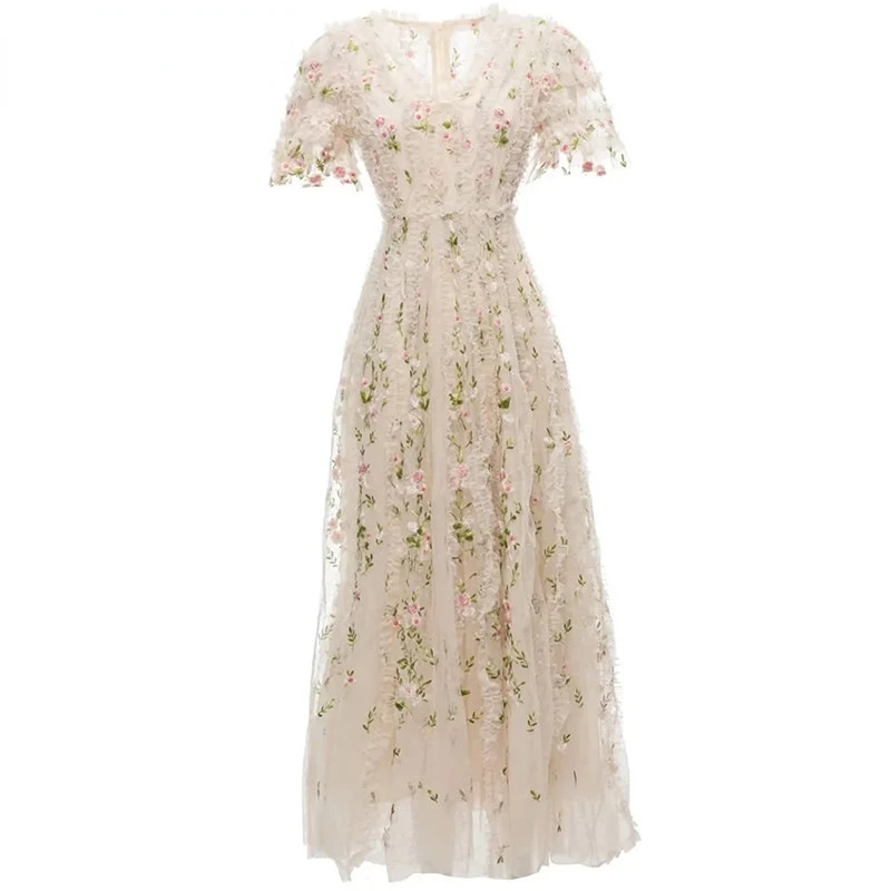 Elegant Dresses For Women 2023 Luxury Designer Evening Party Summer V-Neck Short Sleeve lace Flower Embroidery Dress