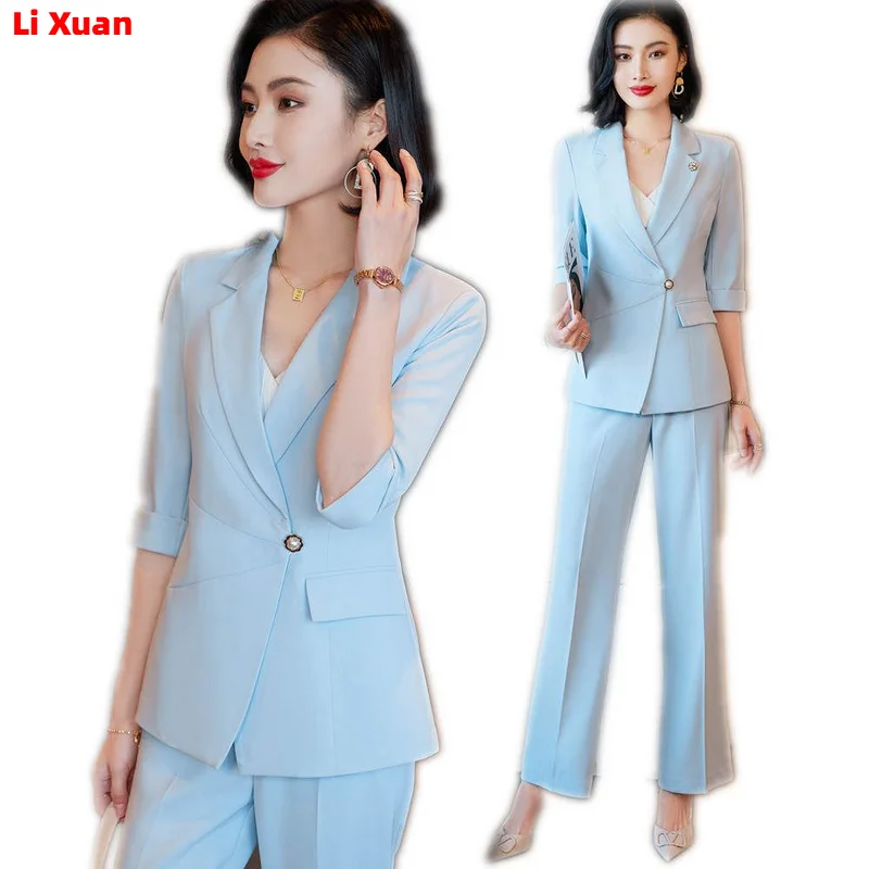High Quality Korean Summer Suit Slim Women Elegant Office Half Sleeved Blazer Casual Set Femme Jackets Wide Leg Pants 2 Piece
