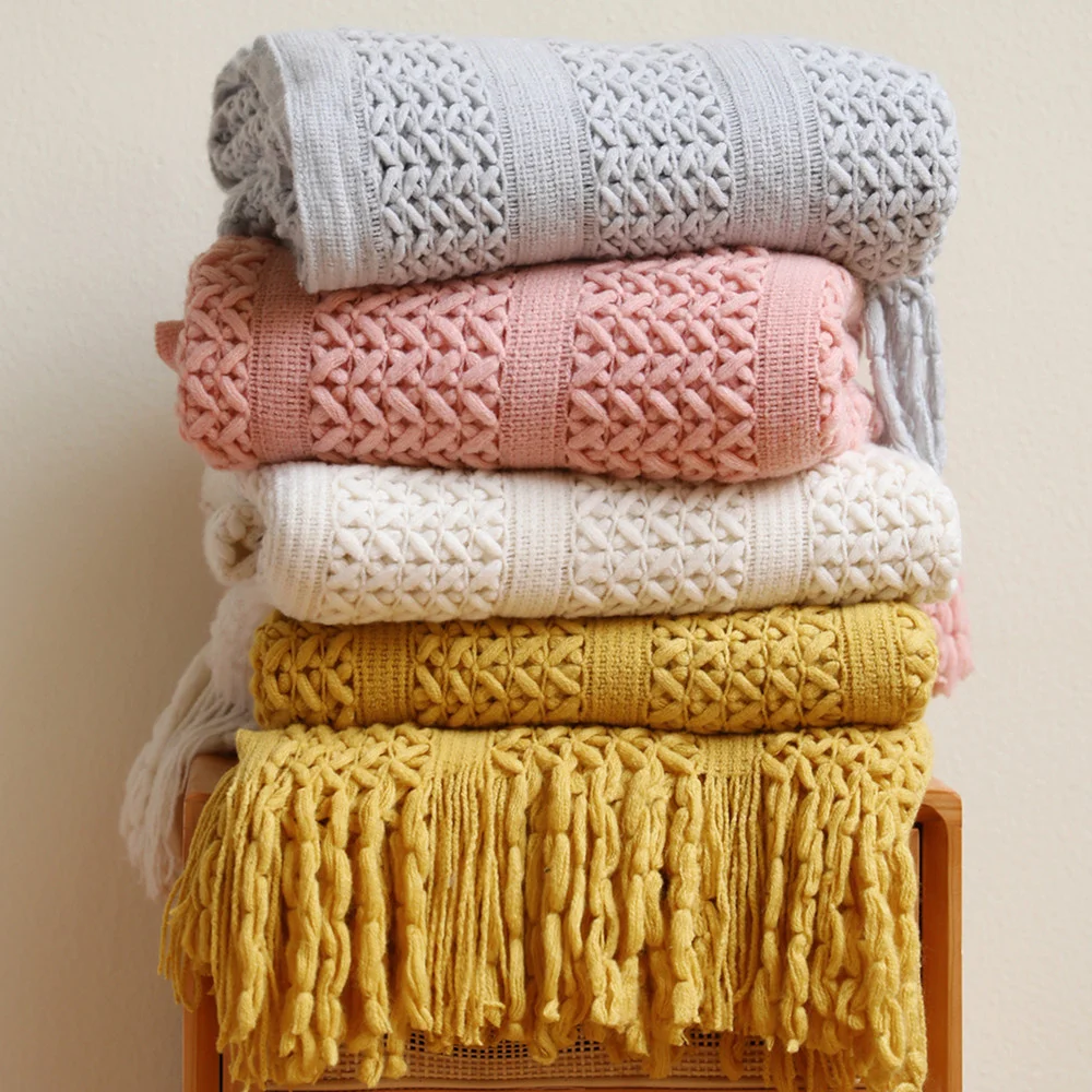 

Nordic Knitted Blanket Travel Blanket Bed Sofa Cover Hollow Sofa Home Decor Throw Blanket with Tassels Air Conditioner Blankets