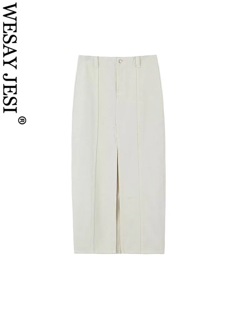 

WESAY JESI TRAF Women Shorts Summer Vintage Front Slit High Waist Slim Long Skirt Pure White Button Skirts Female Casual Skirt