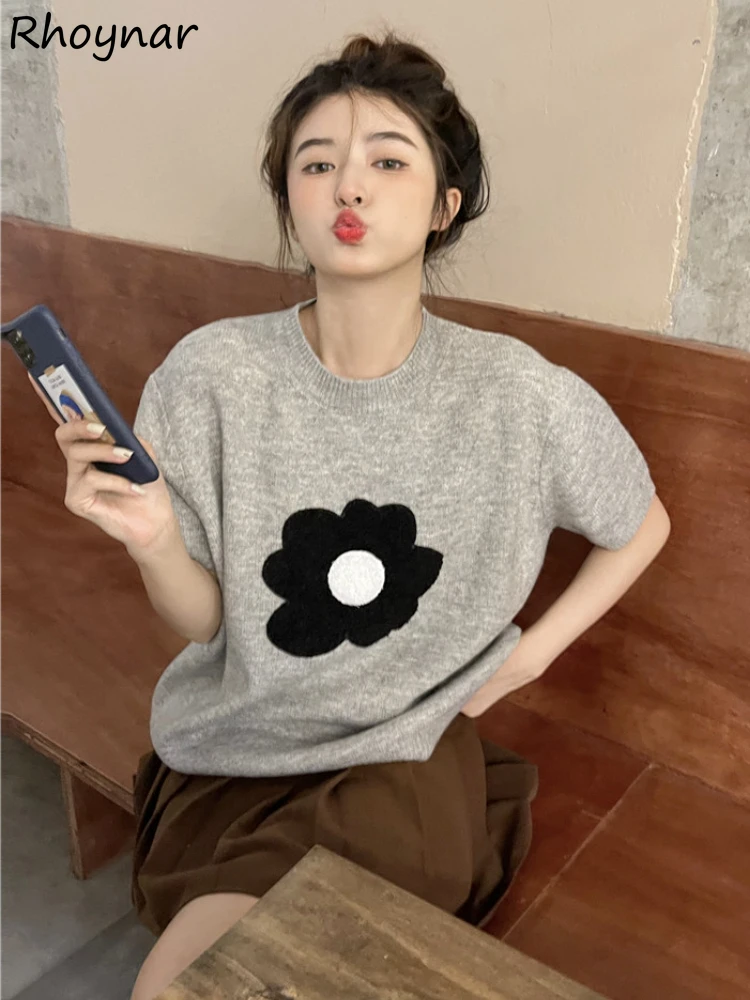 

Short Sleeve T-shirts Women Knitted Flower Patchwork Loose Tender Preppy Holiday Design Casual Basic Ulzzang Ins Female футболка
