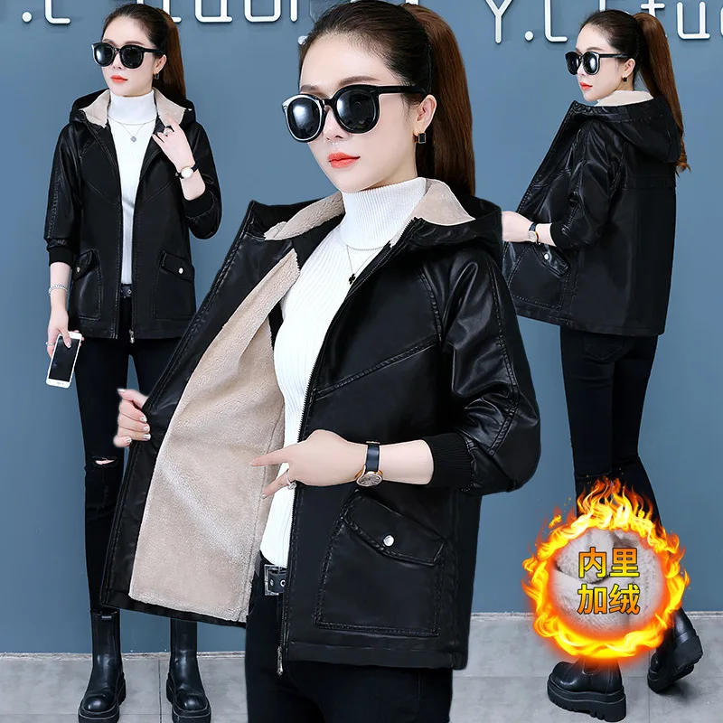 Burgundy Red Fleece Thickened Leather Warm Jacket Women's Autumn  Winter 2022 Hooded Loose Suit Women's Leather Jacket