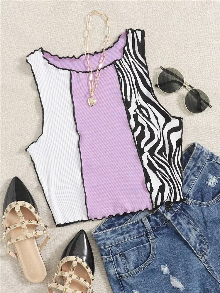 

Women's Purple Y2K Zebra Stripe Printed Vest Top Summer Lettuce Trim Sleeveless Crop Tank Top Streetwear Harajuku Tee Shirt