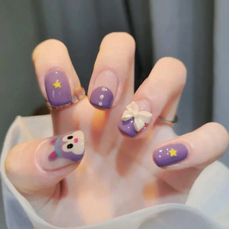 

Cute Purple Rabbit Fake Nail Patch Sweet Style Finished Printed False Nails for Girl nail Art Detachable False Nail with Glue