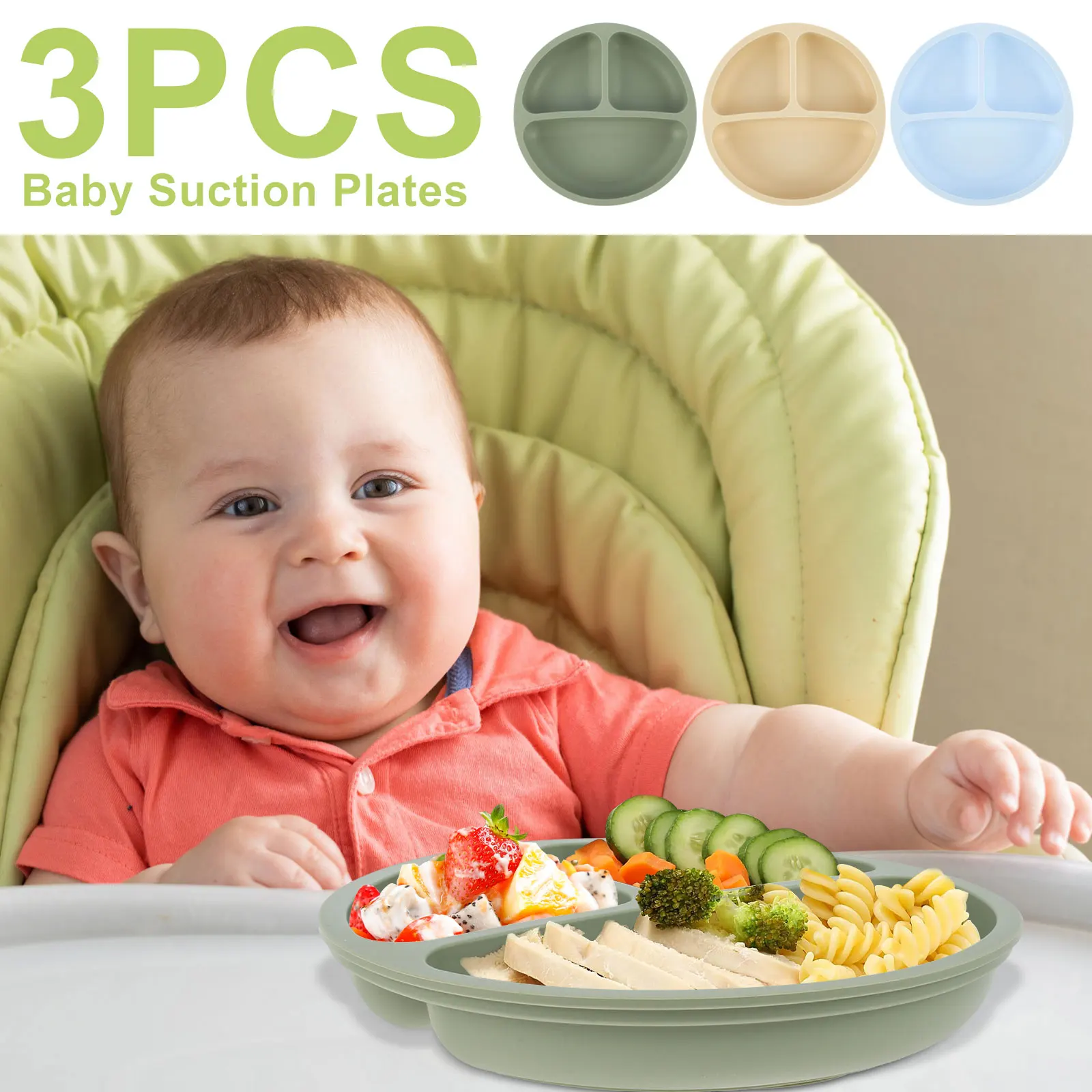 

3Pcs Silicone Suction Plates for Baby Non Slip Self Feeding Training Plates Portable Toddlers Divided Plates Dishwasher and