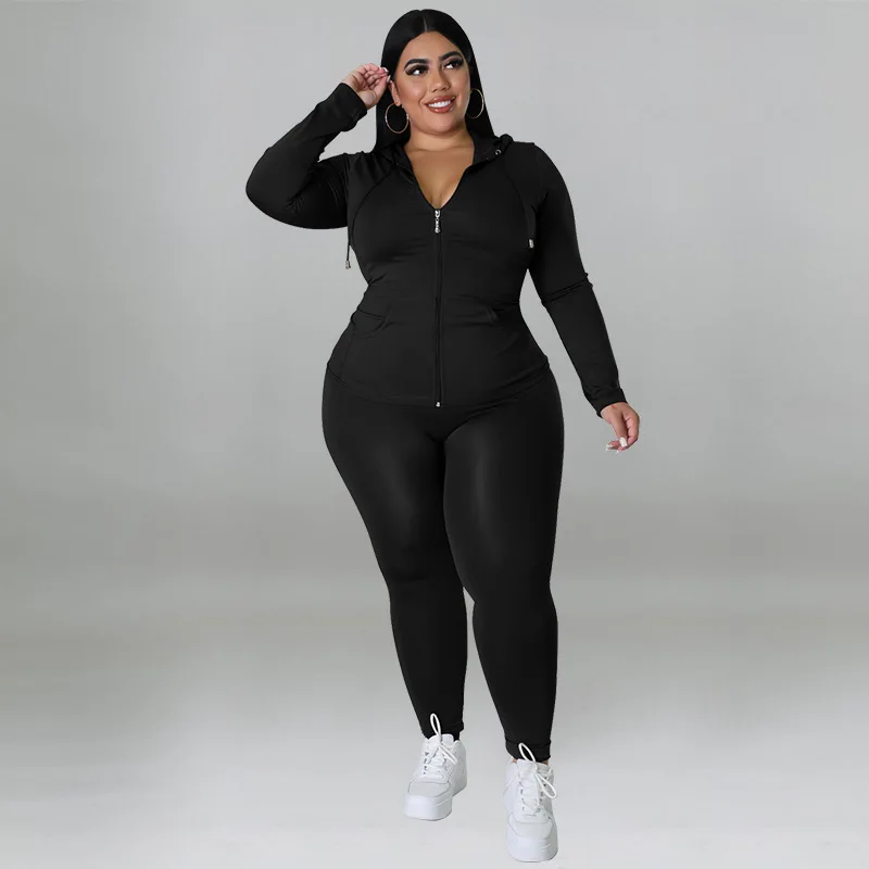 Plus Size Jumpsuits Solid Zipper Hooded Long Sleeve Tights Plus Size Women Clothing Sporty Slim Fit Matching Set Elastic Waist