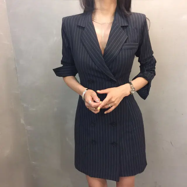 

Dress Jacket Women Elegant Double Breasted Long Suit Blazer Dress Autumn Winter Striped Office Lady Blazer Coat Casual Outerwear