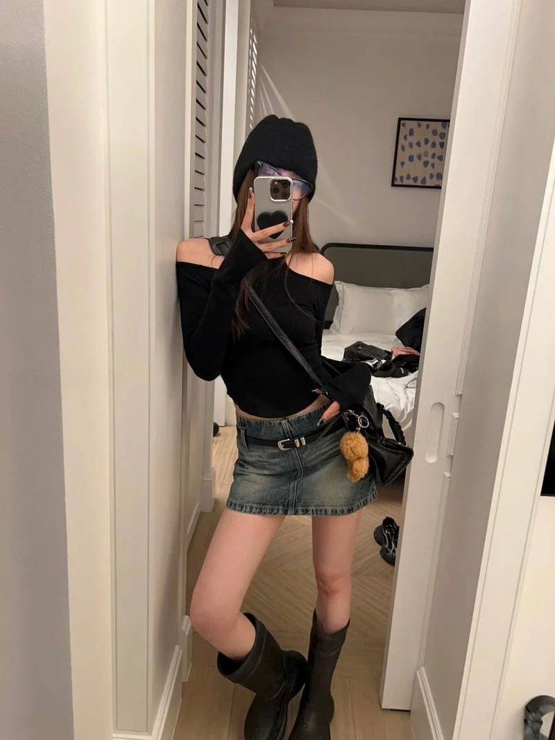 Eleven Stone Date Sneaky Design Черная рубашка с открытыми плечами и длинными рукавами женская