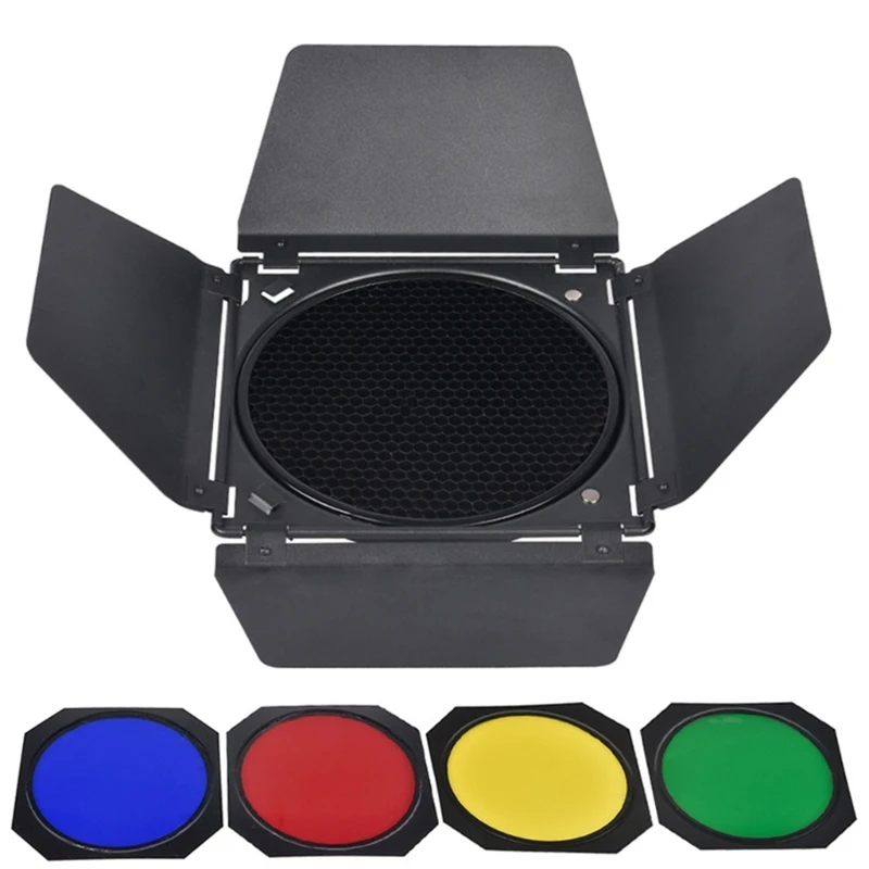 

T8WC Photography Light Barn Door with Honeycomb and 4 Color Filters for Studio