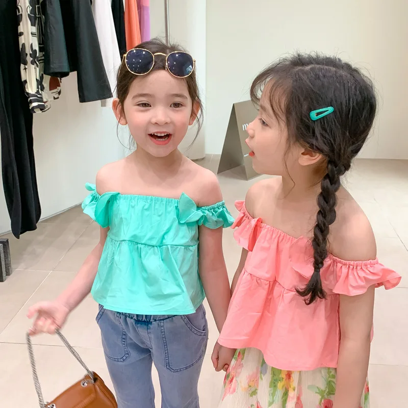 

2022 Summer New Children Clothes Baby Girls Solid Color Off-the-shoulder Ruffle Top