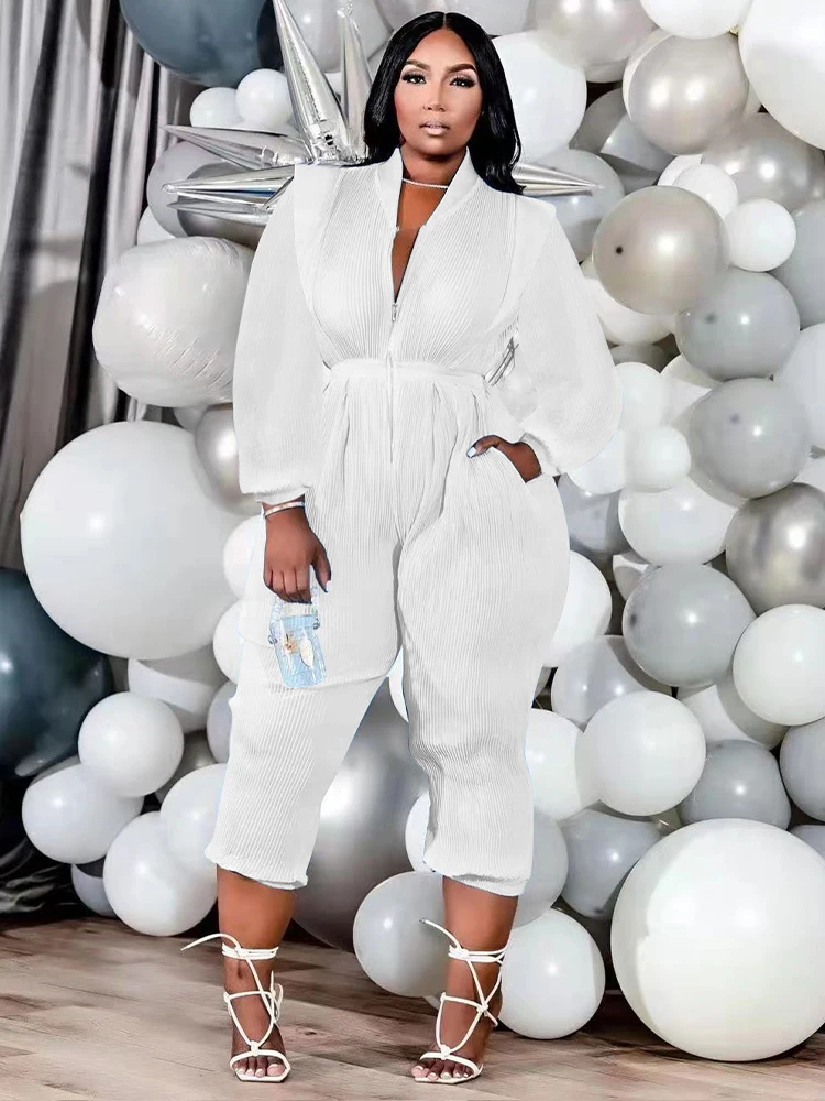 

ZJFZML ZZ Jumpsuit Plus Size Women Clothing Solid V-neck Long Sleeve High Waist Ruched Jumpsuit Overalls Wholesale Dropshipping