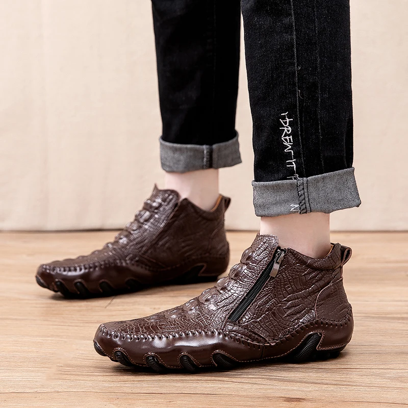 

38-47 Spring/ Winter Casual Light Men Boots Misalwa Cow Genuine Leather Shoes Zipper Convenient Retro Crocodile Pattern Boots