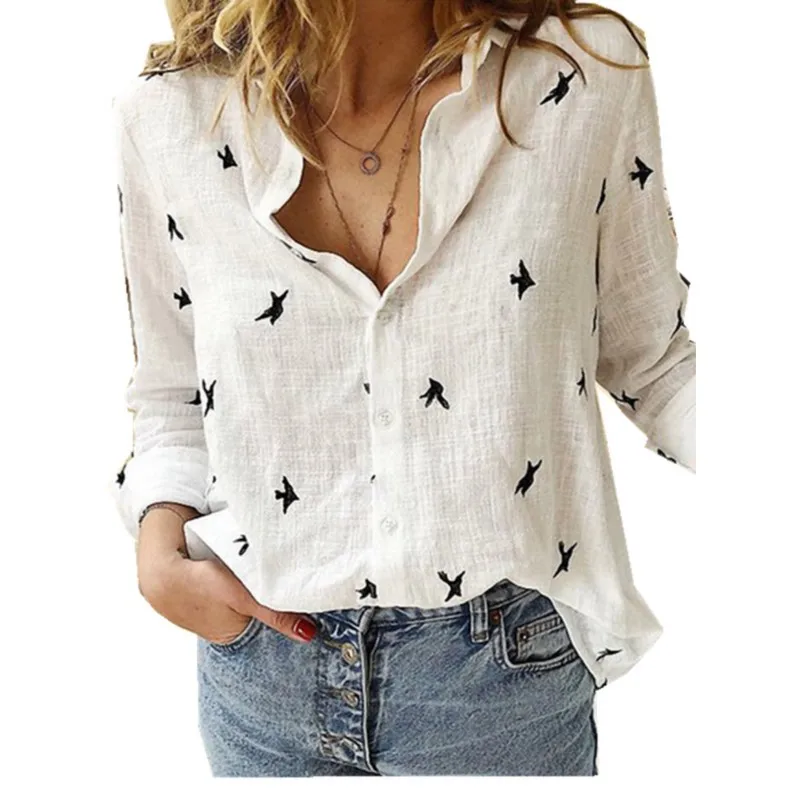 Рубашка с принтом птиц винтажная хлопково-льняная женская рубашка осенняя новая
