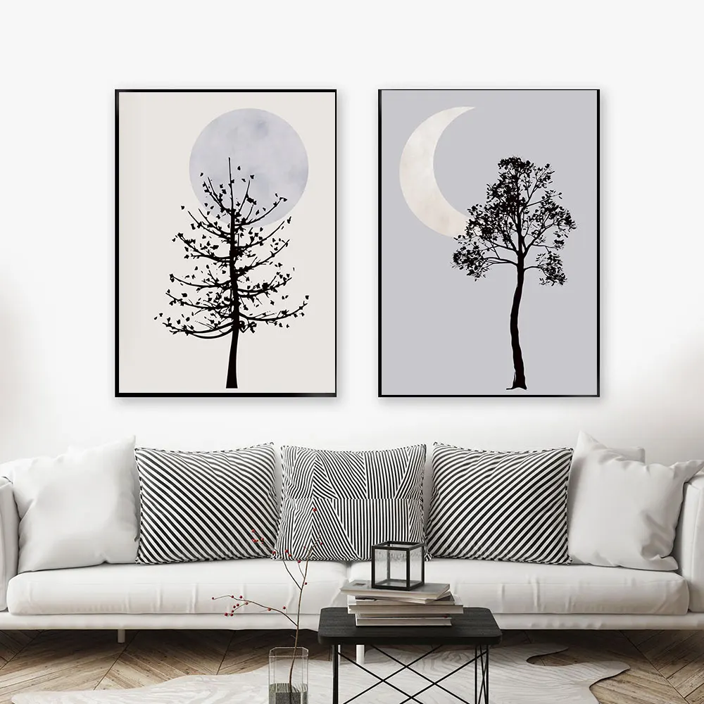 Плакаты с изображением дерева луны солнца абстрактные серые бежевые нейтральная