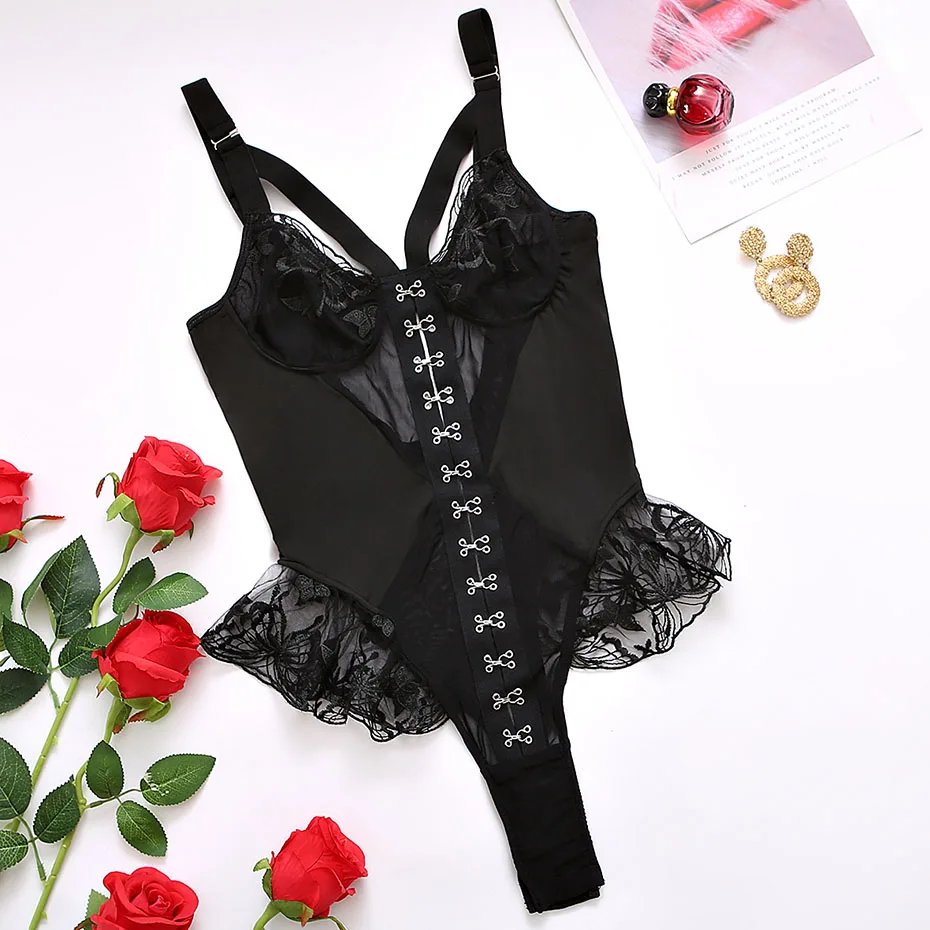 JSY Sexy Bodysuit Lace Lingerie Black Deep-V Women's Underwear Transparent Teddy Erotic Teddies Lingerie Jumpsuit Sleepwear