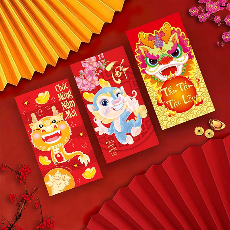 

6Pcs 2024 Chinese Long Luck Money Bag Red Pocket Hongbao Paper Envelopes Spring Festival Packet Pouch Dragon New Year