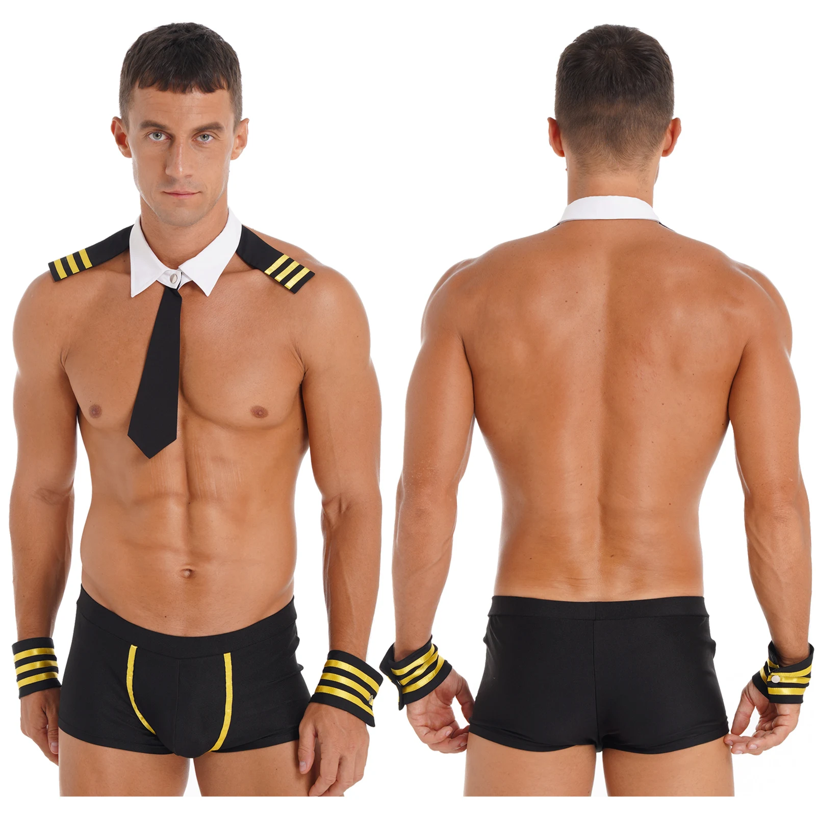

Mens Captain Roleplay Outfit Sailor Sexy Cosplay Costume Low Rise Elastic Waistband Boxer Shorts Detachable Collar Striped Cuffs