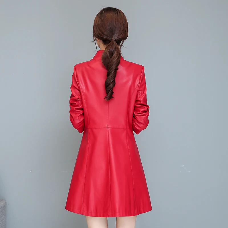 Women Leather Trench Coat 2022 New Autumn Winter Single Breasted Faux Sheepskin Leather Coat Long Black Red Outwear