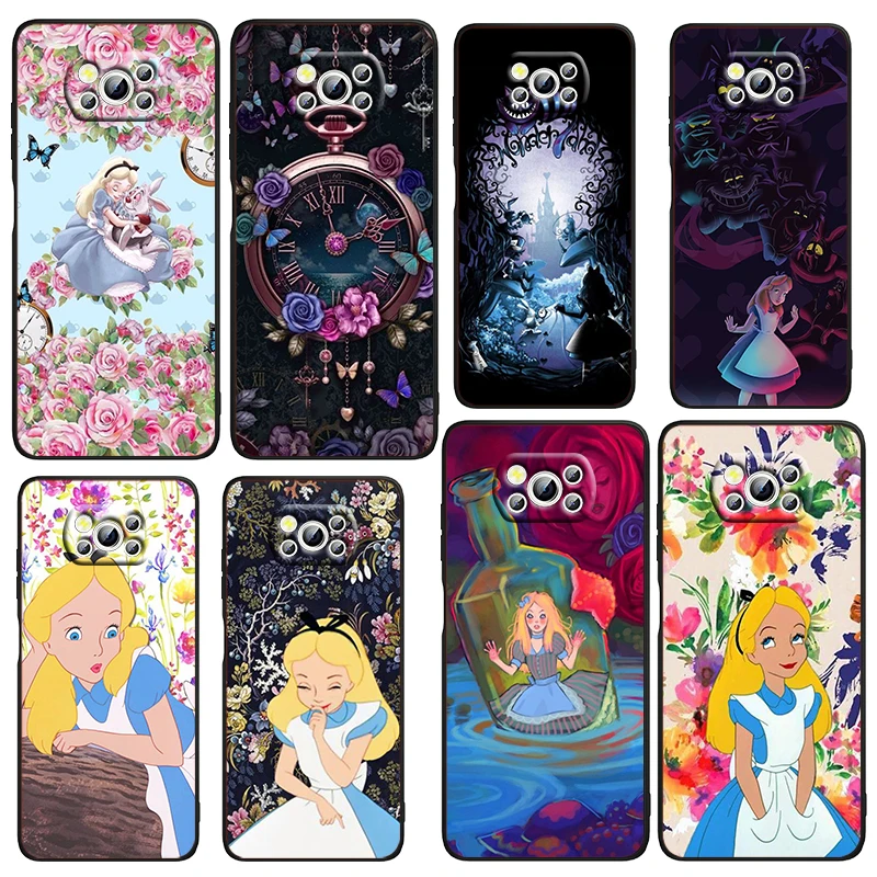 

Disney Alice in Wonderland Phone Case For Xiaomi Mi Poco X4 X3 NFC F4 F3 GT M5 M5s M4 M3 Pro C40 C3 5G Funda TPU Black Cover
