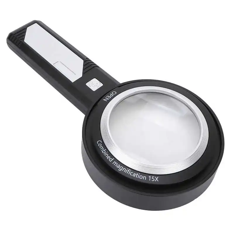 

Magnifying Glass 6X/15X Detachable Ergonomic Handle Illuminated Lighted Magnifier White Black 250mAh Battery with 6 LED for