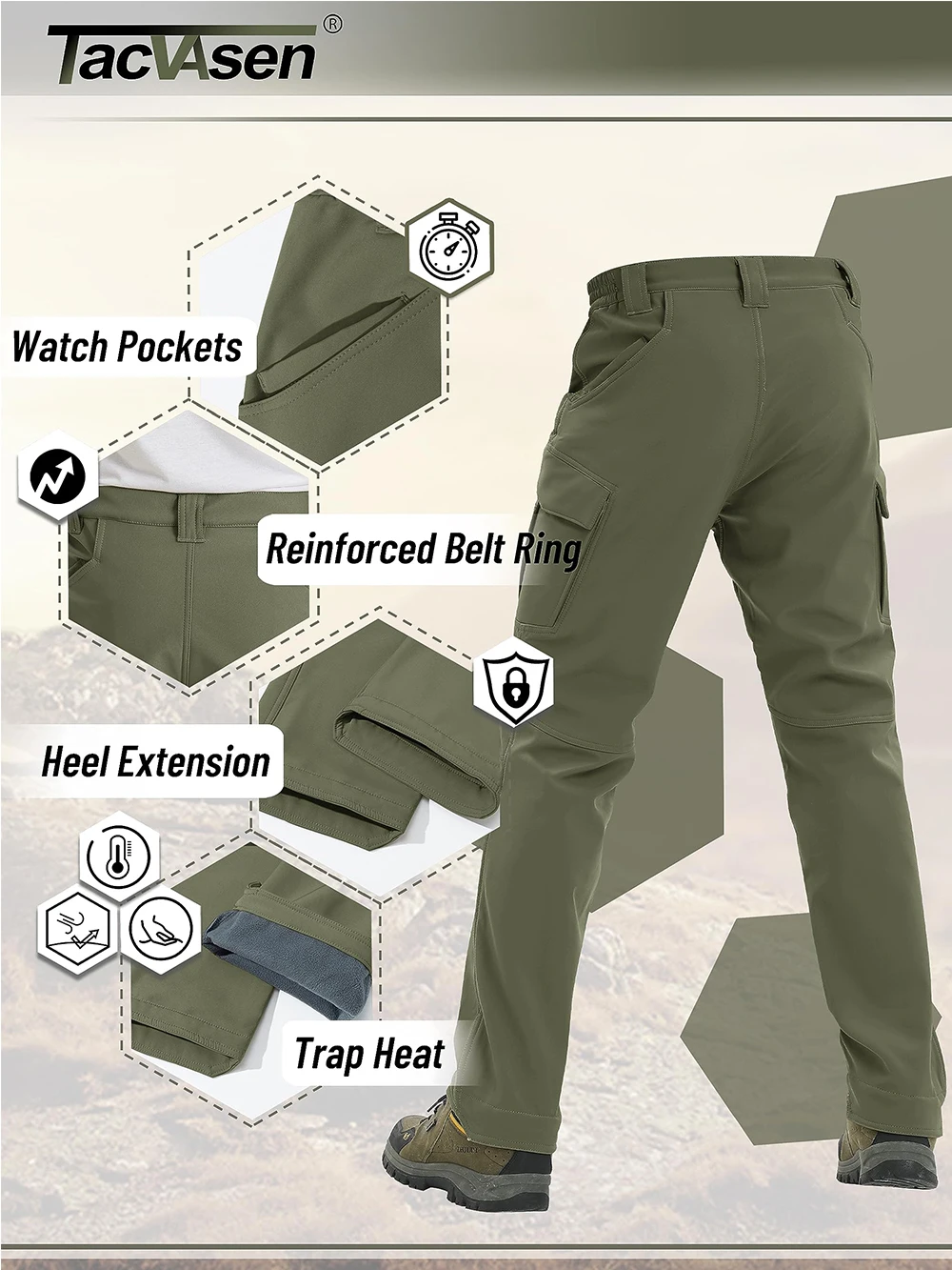 штаны TACVASEN IX9 мужские, Теплые Зимние флисовые брюки-карго,водонепроницаемые, для работы в полиции Рабочие брюки в карманемногофункциональной молнии