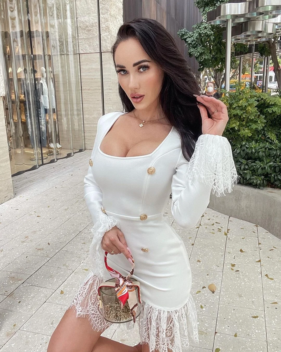 

Платье с квадратным вырезом, длинным рукавом и пуговицами, осень 2023