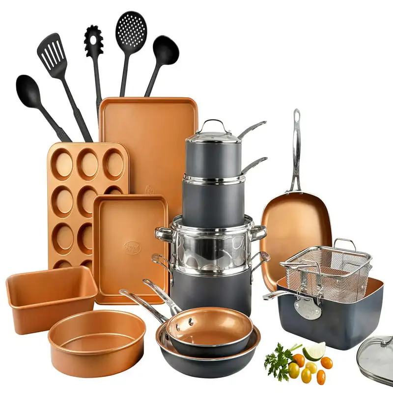 

25 Piece Cookware set, Non-stick Pots & Pans with Utensils, Graphite/Copper