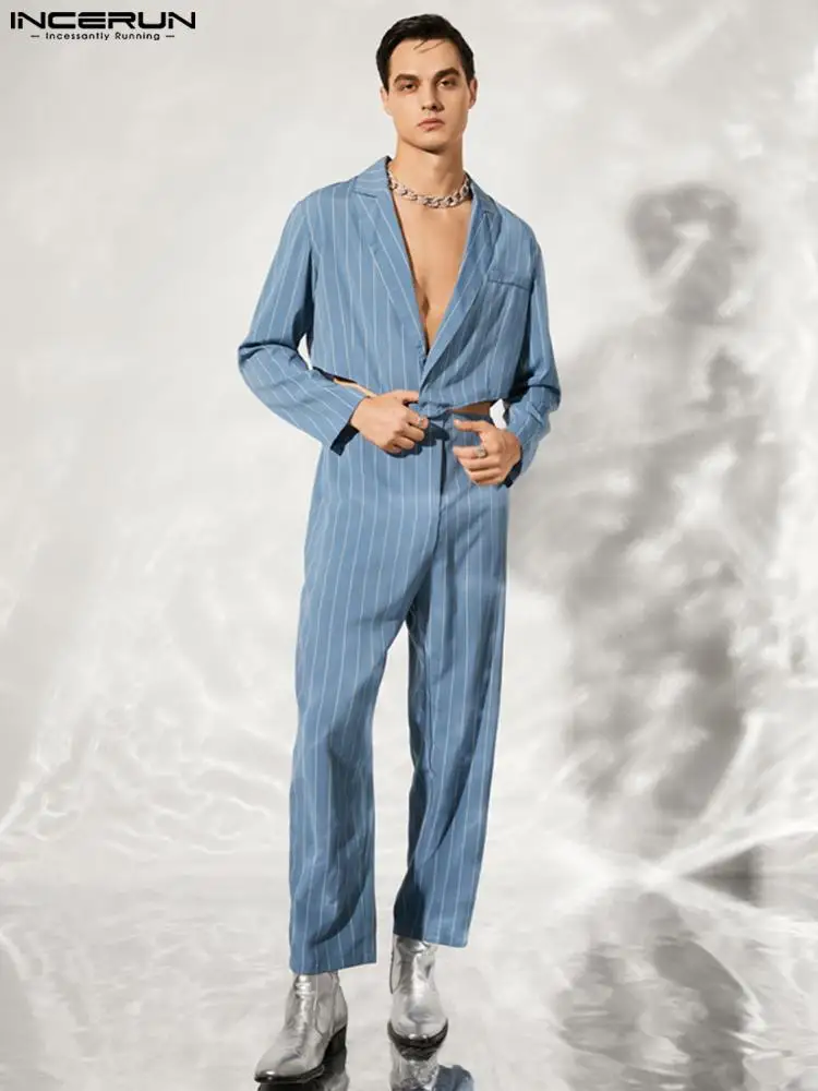 

INCERUN 2022 Модные мужские комбинезоны полосатые с отложным воротником и длинным рукавом Уличная одежда ползунки с вырезами индивидуальные пов...