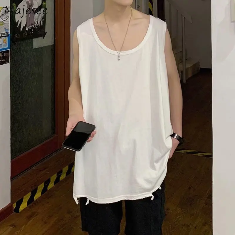 

Tanks Men Summer Fashion Ins Loose Solid Simple Hip Hop Korean Style Chic Tops All-match Streetwear O-neck Sleeveless Breathable