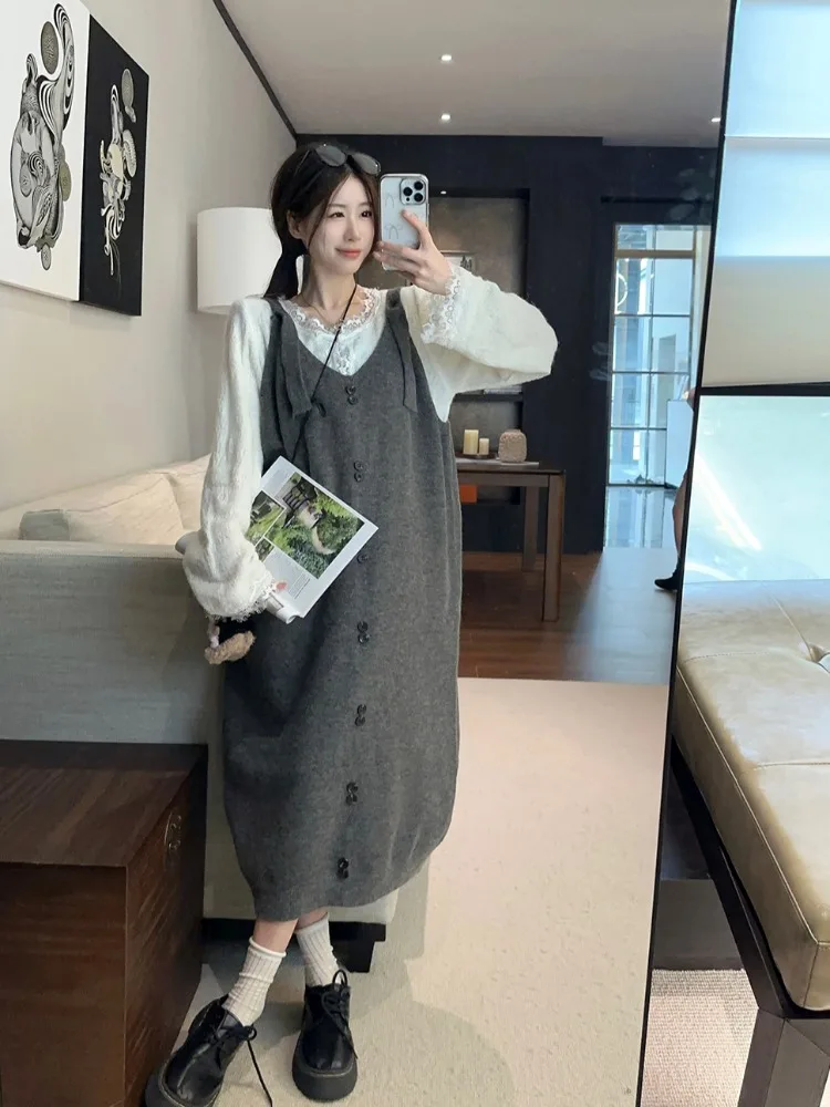 Серое вязаное платье на подтяжках в стиле ретро с v-образным вырезом женское