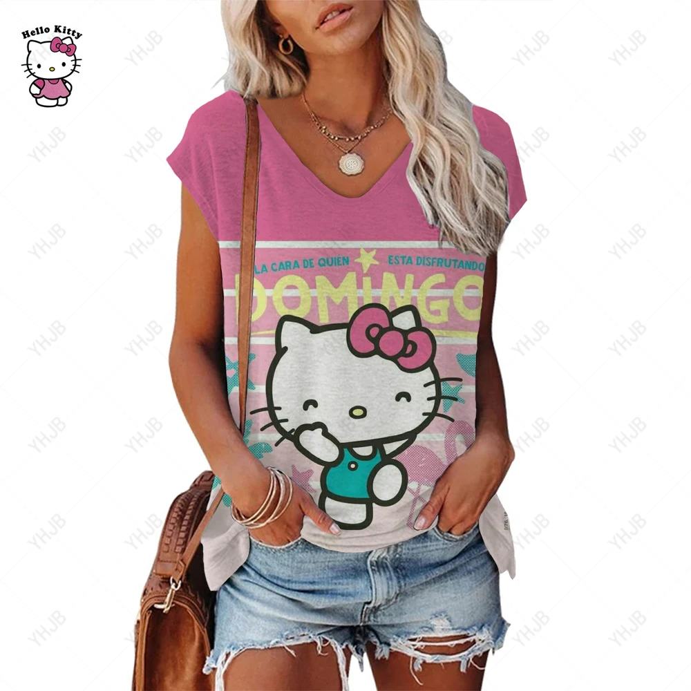 Женская футболка с рисунком Hello Kitty, Летняя Сексуальная футболка большого размера с V-образным вырезом и открытой спиной, 9 цветов на выбор