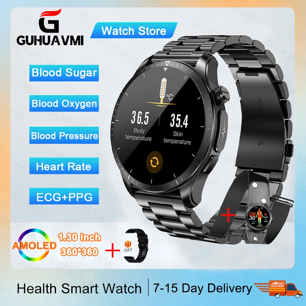 

Blood Glucose Smart Watch ECG Monitoring Men Women's Health Temperature Non-Invasive Blood Sugar Smartwatch IP68 Waterproof+Box