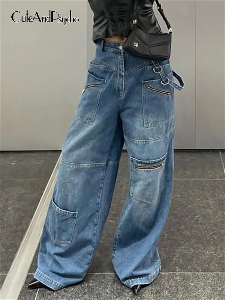 

Cuteandпсиходелические Ретро шикарные мешковатые джинсы на молнии Повседневная винтажная уличная одежда Широкие джинсовые брюки Harajuku модная одежда Y2K гранж