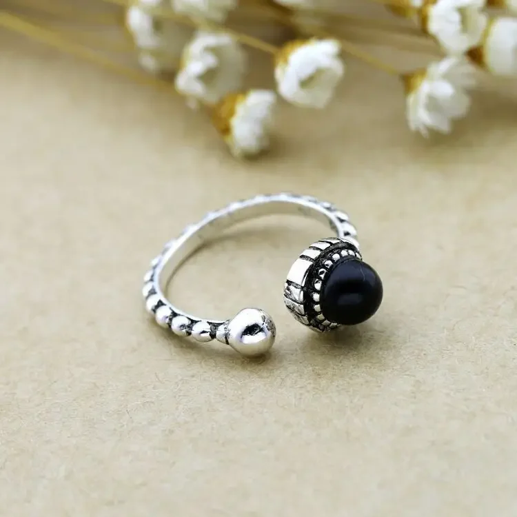 Открытое кольцо с черным агатом модное темпераментное индивидуальное