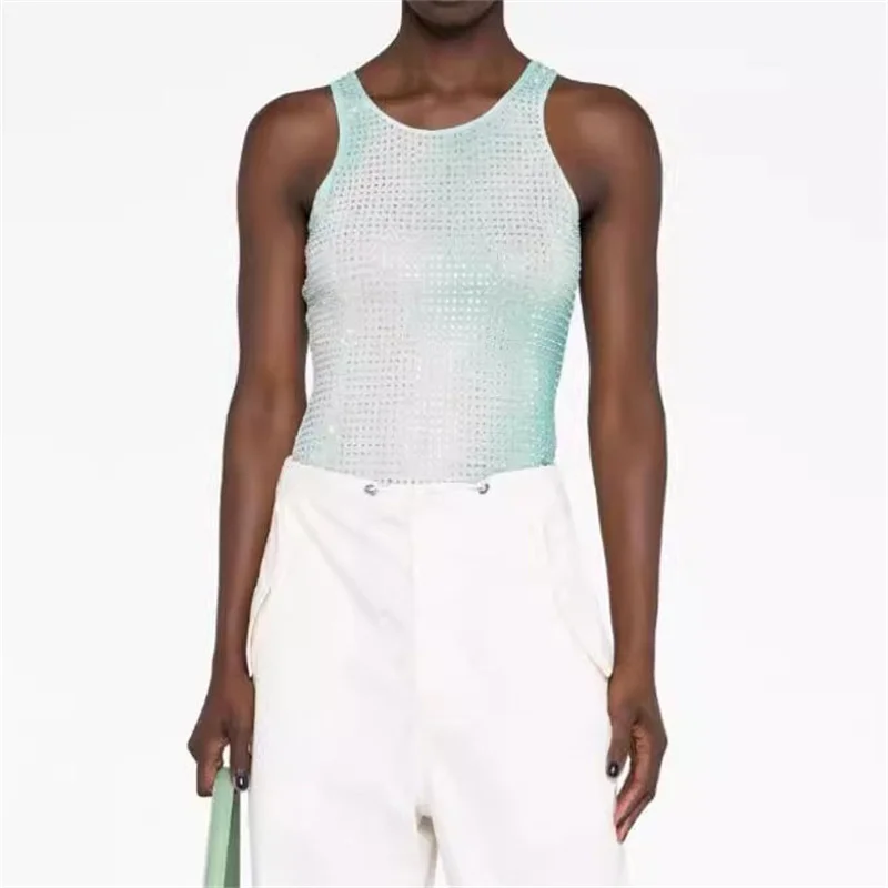 

Woman clothing 2023 Summer Korean Fashion Gradient printed hot diamond sexy slim vest round neck sleeveless tops with suspenders