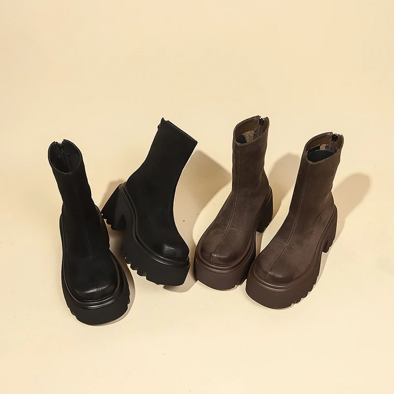 Замшевые женские ботинки на толстом каблуке размер 35 - 43 цвет в ассортименте