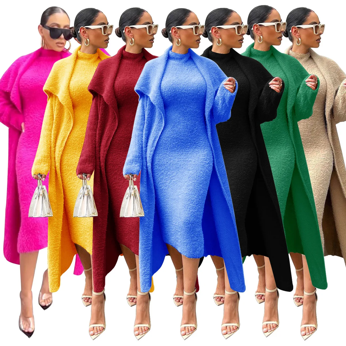 

Elegant Long Woolen Cardigan Midi Dress Two Piece Sets 2022 Women Winter Warm Clothes Luxury Outfit Streetwear Furry Dresses Set