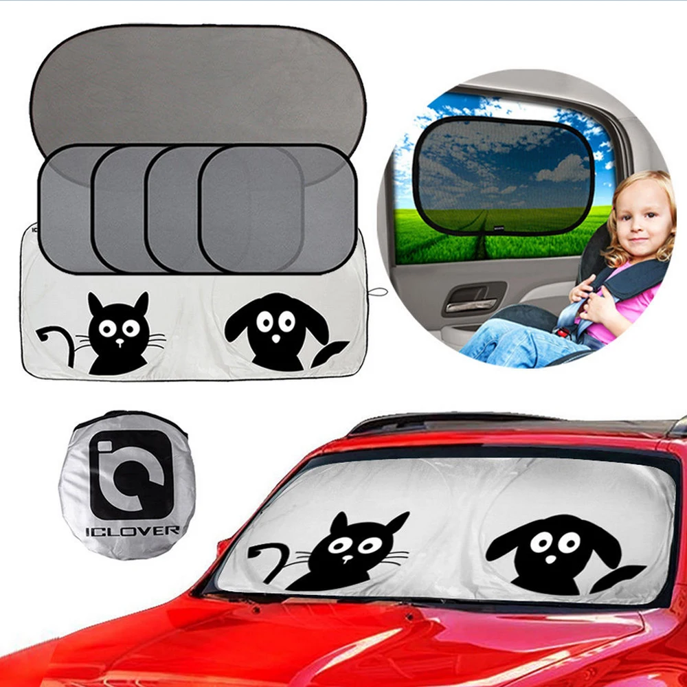 

5 Pcs Pet Auto Windshield Sun Shade 59"x33" Cute Cartoon Design Front Car Folding Sun Visor with Car Window Mesh Sunshade for Si