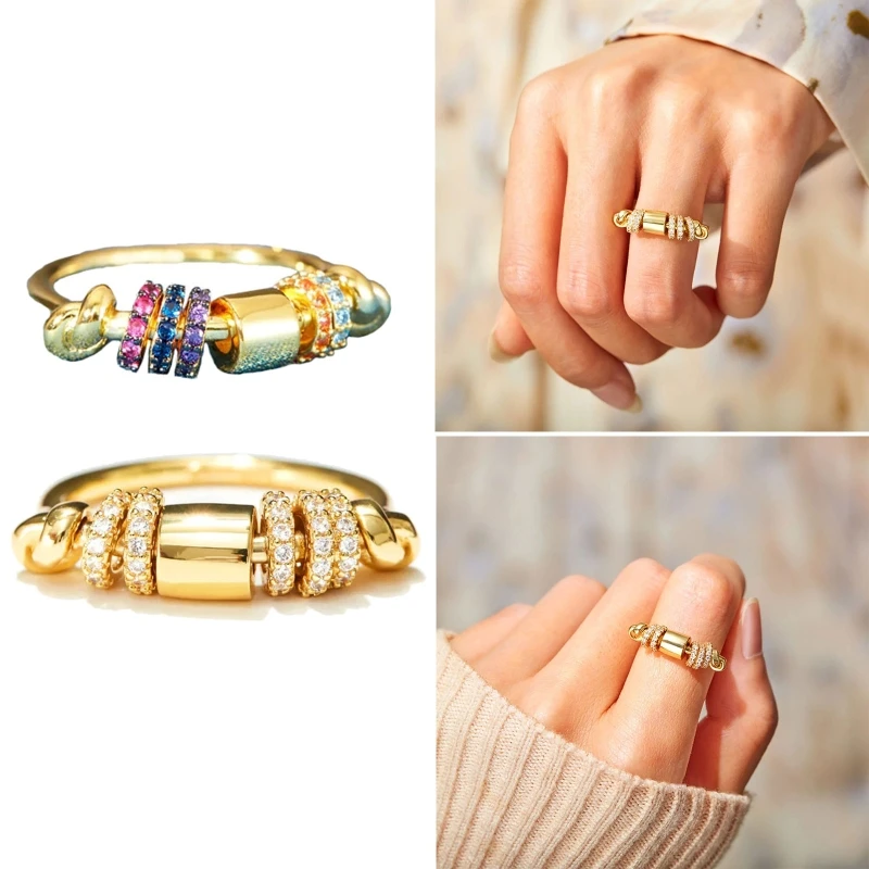 

Beads Zircon Spinner Rings Fidget Peace Rings Anxiety Worry Finger Stress Relief Rings Stacking Rings for Women Girls