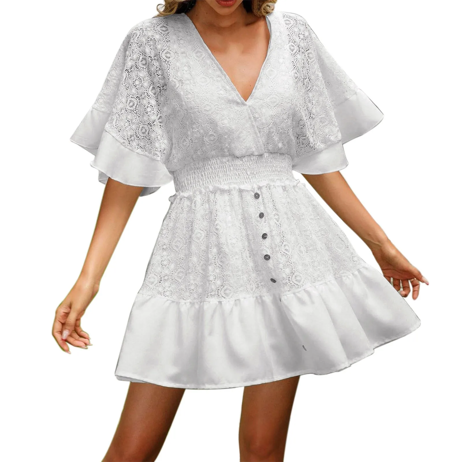 

Женское летнее платье с лямкой на шее, привлекательное Приталенное кружевное лоскутное платье с V-образным вырезом и рукавом летучая мышь, женское платье