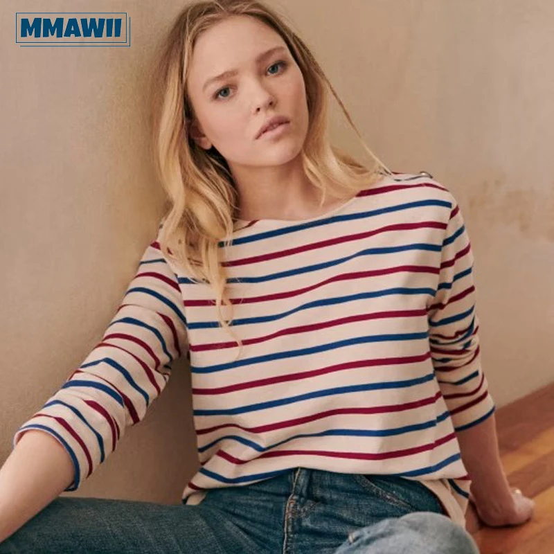 

MMAWII Multicolored Striped Vintage Button Decorate Long Sleeve Women T-Shirt 2023 New Pullover Classic Slim Fit Female Clothing