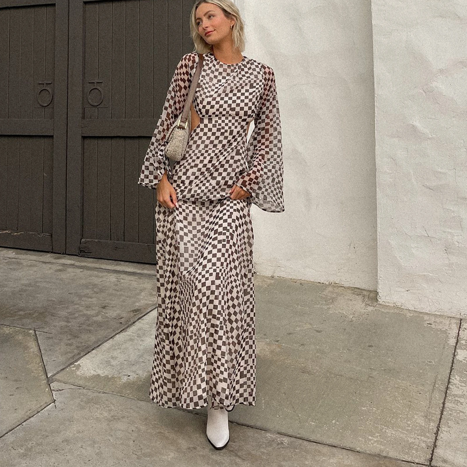 

Элегантное Модное Длинное Платье FUFUCAILLM, женские повседневные шахматные Расклешенные платья с длинным рукавом и открытой спиной, праздничные платья для женщин