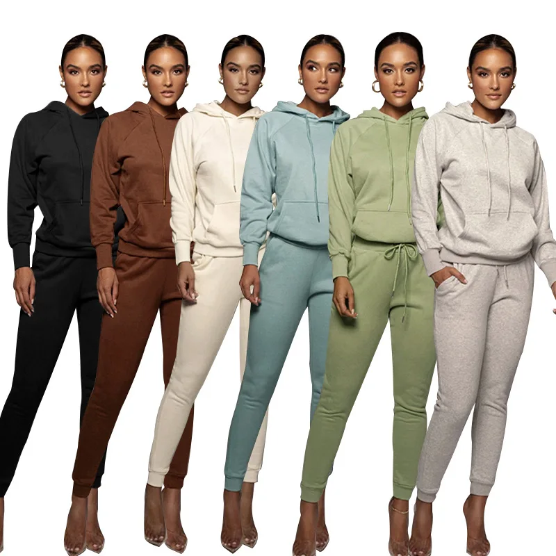 

Women long sleeved sweater trousers suit two piece sets womens outifits solid color hooded pullover casual pocket autumn winter