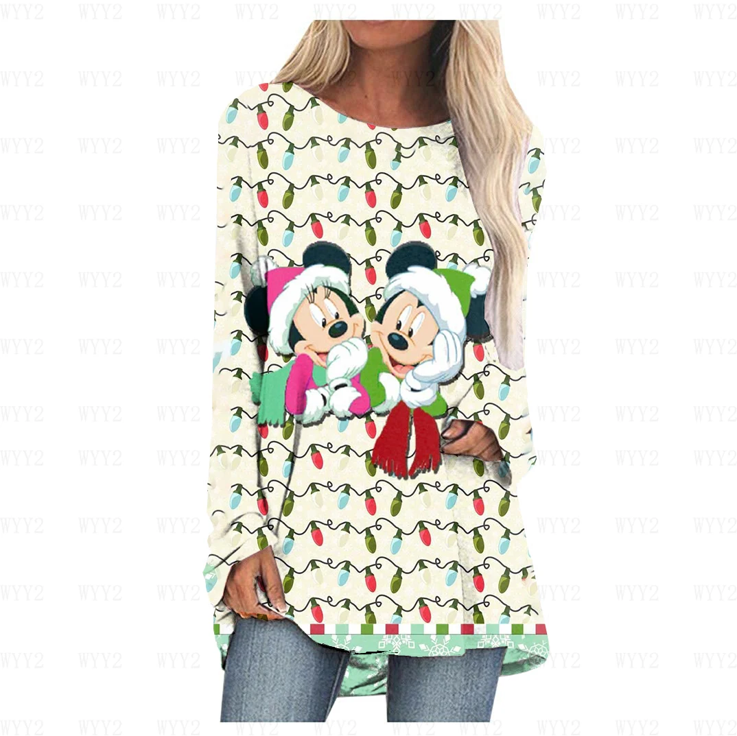 

Disney Funny Mickey Mouse Retro Tops Women's Loose Round Neck Casual Shirts Autumn Long Sleeve Irregular T-Shirt Cartoon Print