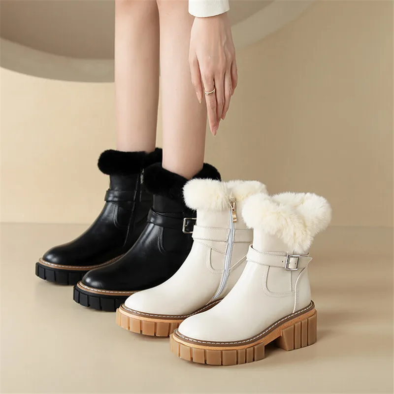

2022 New Winter Boots for Women Belt Buckle Short Boots Round Toe Chunky Heels Women Warm Platform Shoes Large Size Ankle Boots